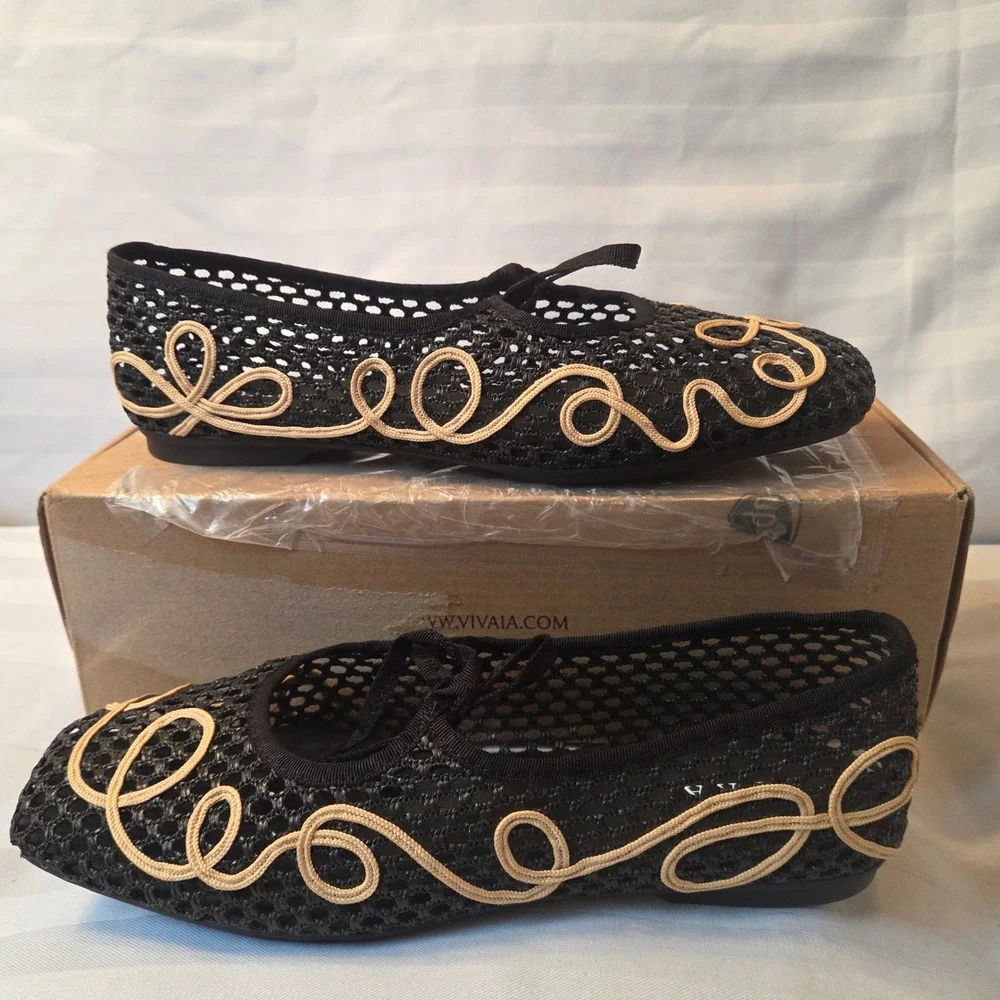 VIVAIA Makayla Black Natural Mesh Embroidered Square Toe Flats EU 39.5 US 8.5